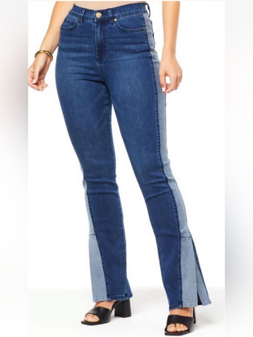 Diane Gilman DG2 stretch denim high rise 2-tone split boot flare jeans 8 TALL